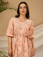 Thumbnail for Juniper Peach Floral Printed Pure Cotton Short Dress With Belt & Beads Work - Distacart