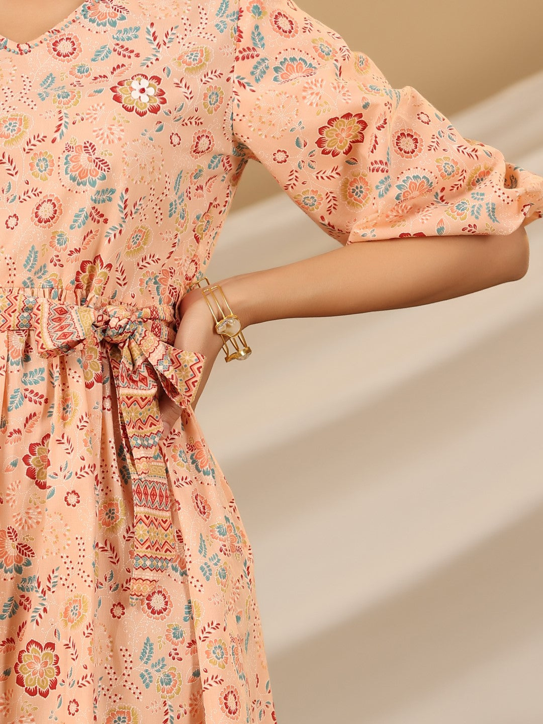 Juniper Peach Floral Printed Pure Cotton Short Dress With Belt & Beads Work - Distacart