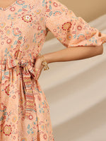 Thumbnail for Juniper Peach Floral Printed Pure Cotton Short Dress With Belt & Beads Work - Distacart