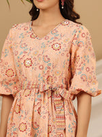 Thumbnail for Juniper Peach Floral Printed Pure Cotton Short Dress With Belt & Beads Work - Distacart