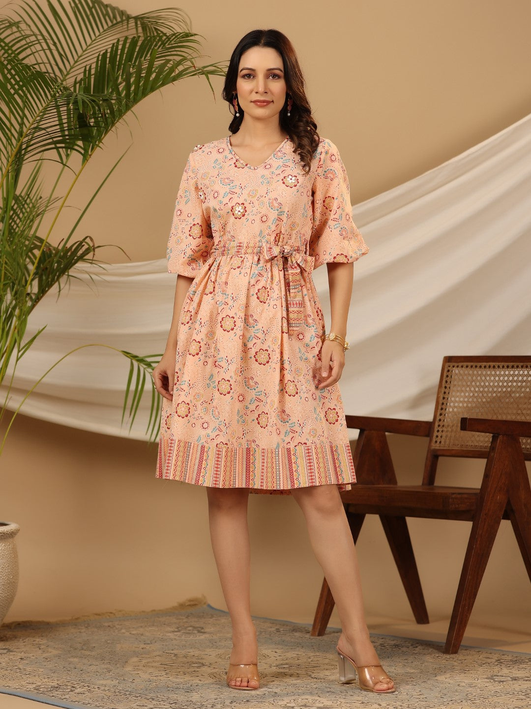 Juniper Peach Floral Printed Pure Cotton Short Dress With Belt & Beads Work - Distacart