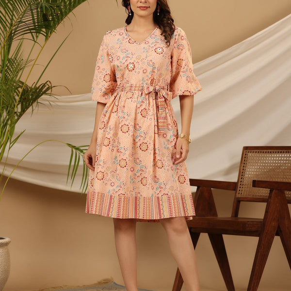 Juniper Peach Floral Printed Pure Cotton Short Dress With Belt & Beads Work - Distacart