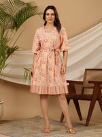 Thumbnail for Juniper Peach Floral Printed Pure Cotton Short Dress With Belt & Beads Work - Distacart