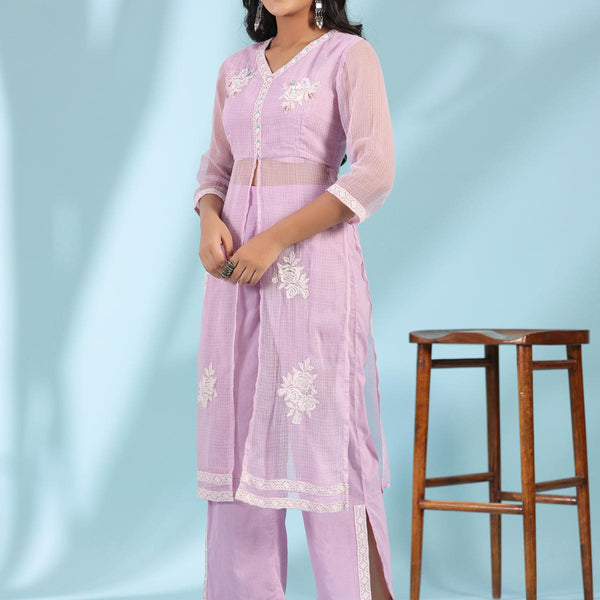 Juniper Women's Lilac Floral Printed pure Cotton Kurta Palazzos & Kota Doria Dupatta With Beads Work - Distacart