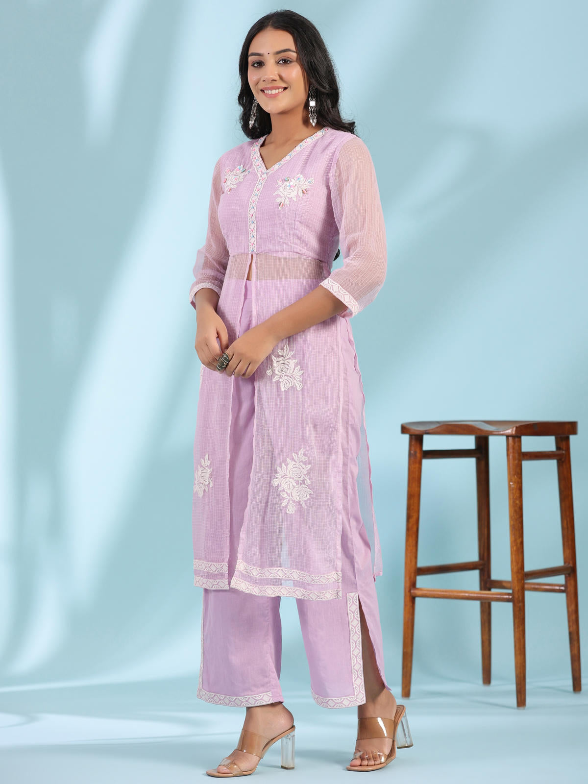 Juniper Women's Lilac Floral Printed pure Cotton Kurta Palazzos & Kota Doria Dupatta With Beads Work - Distacart