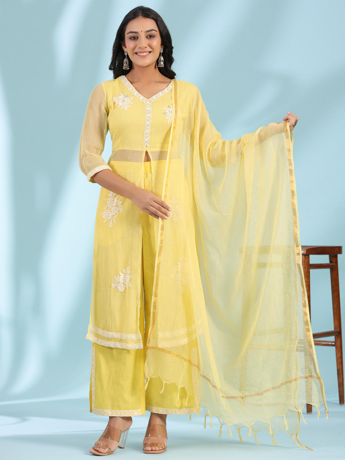 Juniper Women's Yellow Floral Printed pure Cotton Kurta Palazzos & Kota Doria Dupatta With Beads Work - Distacart