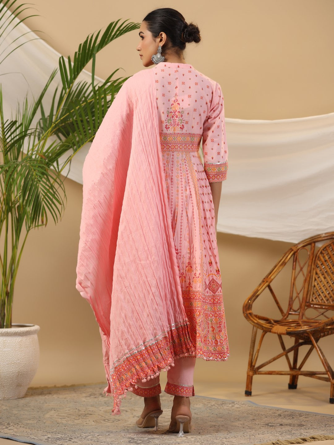 Juniper Peach Cotton Tribal Print Crushed Anarkali Kurta With Pant & Dupatta Set With Kantha Work & Button - Distacart