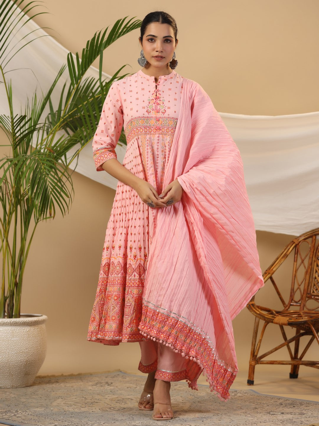 Juniper Peach Cotton Tribal Print Crushed Anarkali Kurta With Pant & Dupatta Set With Kantha Work & Button - Distacart