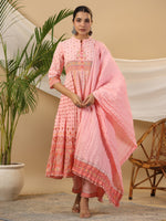Thumbnail for Juniper Peach Cotton Tribal Print Crushed Anarkali Kurta With Pant & Dupatta Set With Kantha Work & Button - Distacart