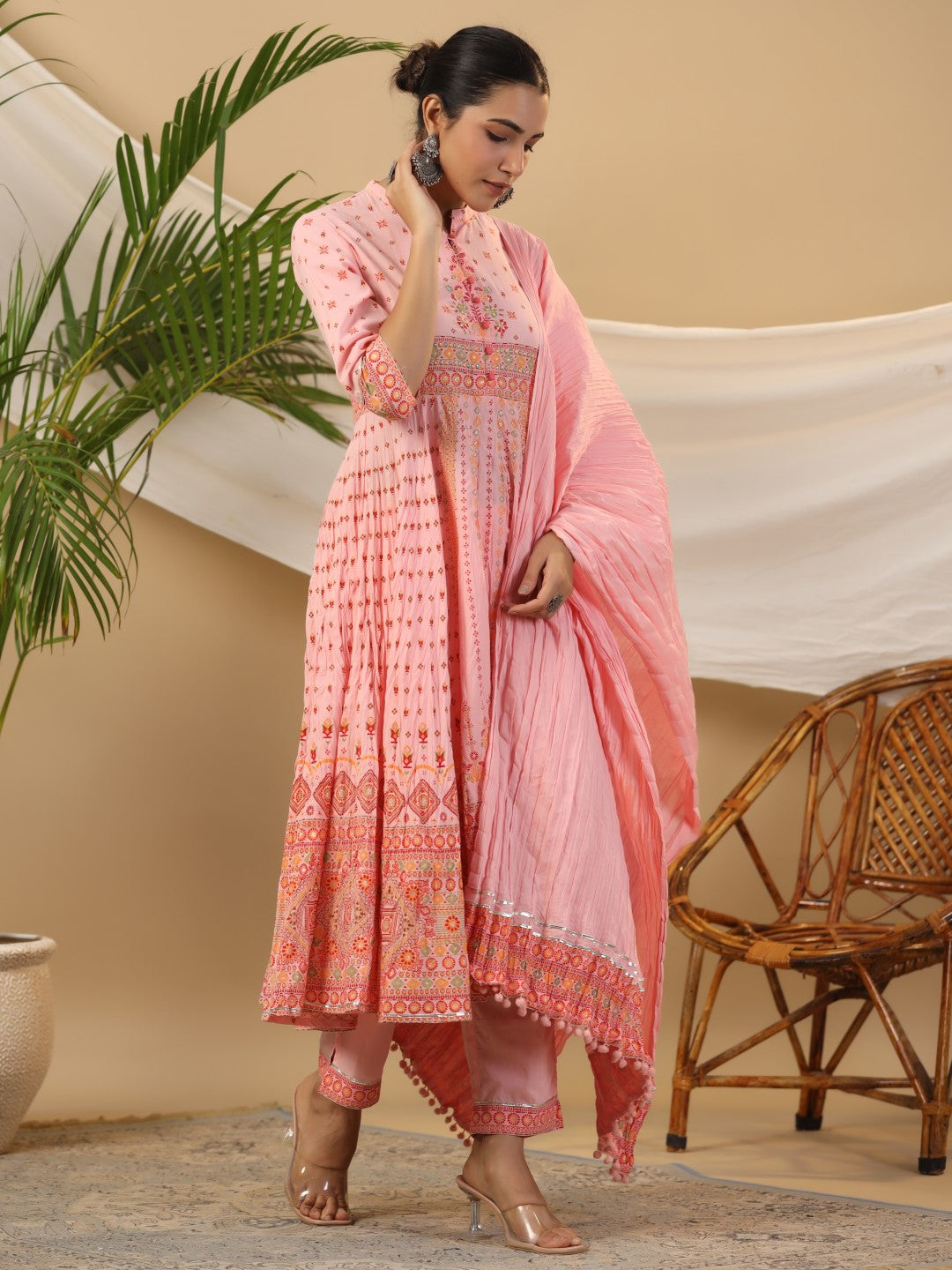 Juniper Peach Cotton Tribal Print Crushed Anarkali Kurta With Pant & Dupatta Set With Kantha Work & Button - Distacart
