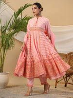 Thumbnail for Juniper Peach Cotton Tribal Print Crushed Anarkali Kurta With Pant & Dupatta Set With Kantha Work & Button - Distacart