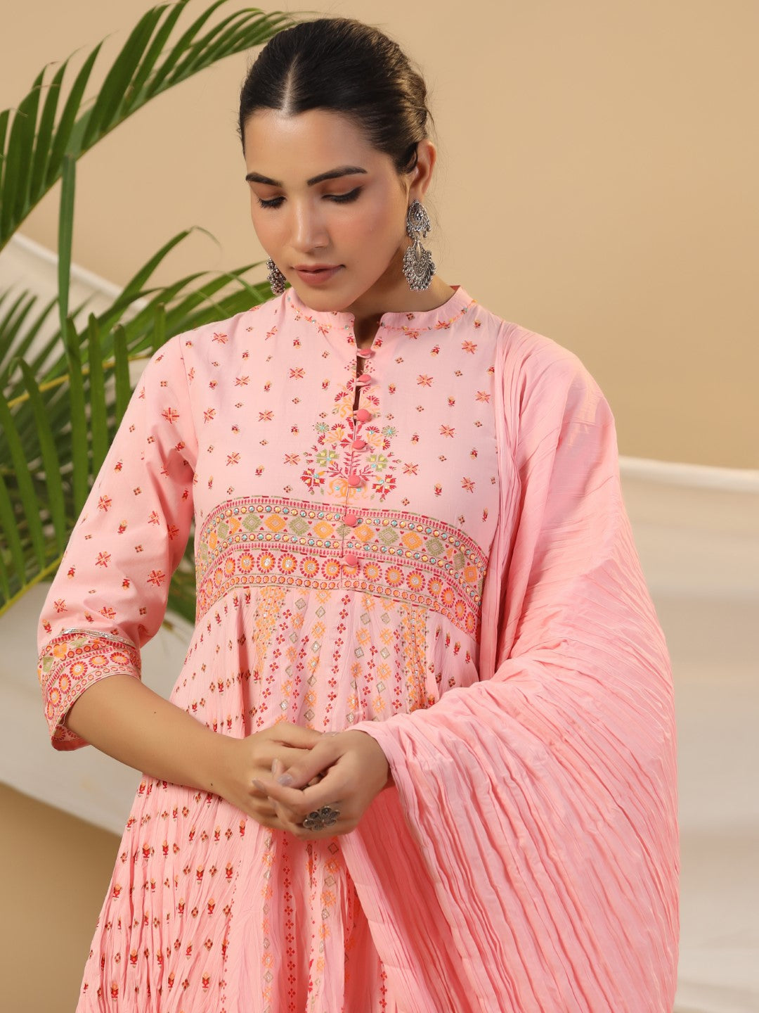 Juniper Peach Cotton Tribal Print Crushed Anarkali Kurta With Pant & Dupatta Set With Kantha Work & Button - Distacart