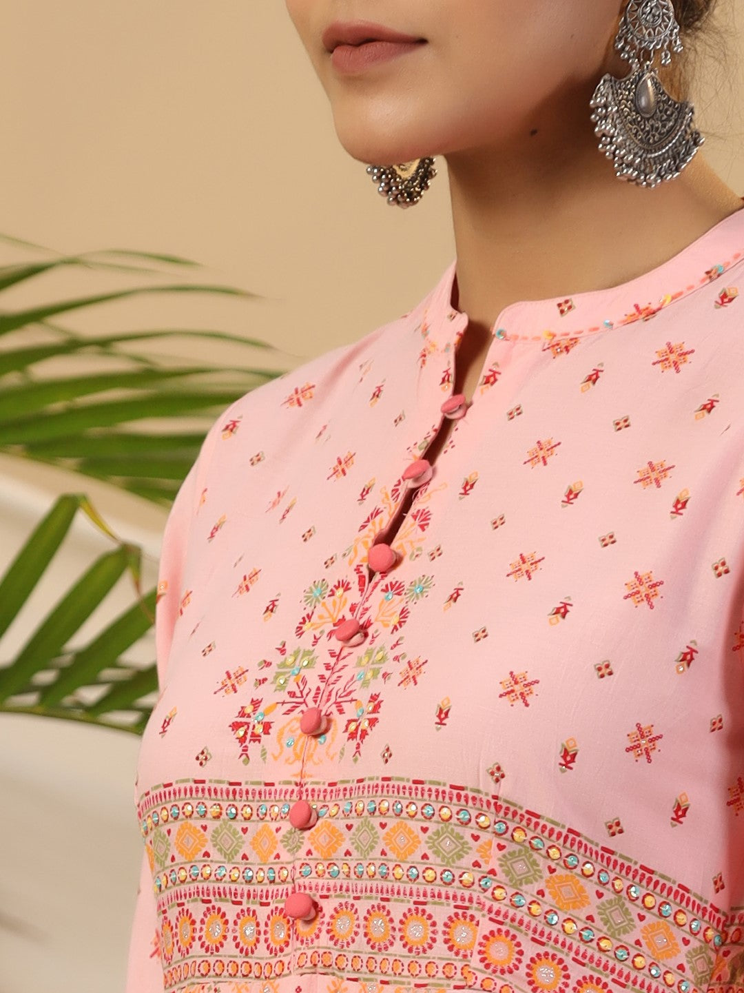 Juniper Peach Cotton Tribal Print Crushed Anarkali Kurta With Pant & Dupatta Set With Kantha Work & Button - Distacart