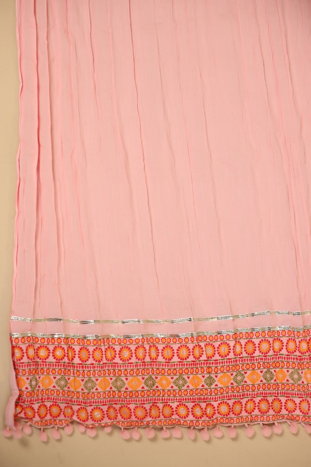 Juniper Peach Cotton Tribal Print Crushed Anarkali Kurta With Pant & Dupatta Set With Kantha Work & Button - Distacart