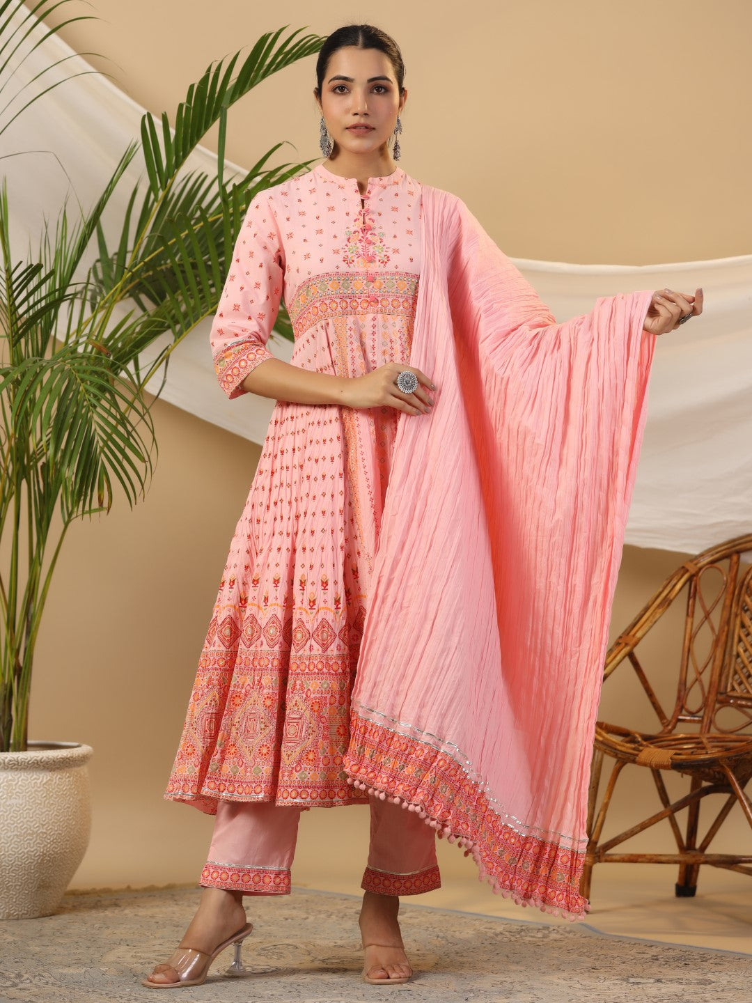 Juniper Peach Cotton Tribal Print Crushed Anarkali Kurta With Pant & Dupatta Set With Kantha Work & Button - Distacart