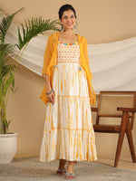 Thumbnail for Juniper Mustard Tie-Dye Tiered & Layered Pure Cotton Dress With Mirror Work Embroidery - Distacart