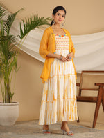 Thumbnail for Juniper Mustard Tie-Dye Tiered & Layered Pure Cotton Dress With Mirror Work Embroidery - Distacart