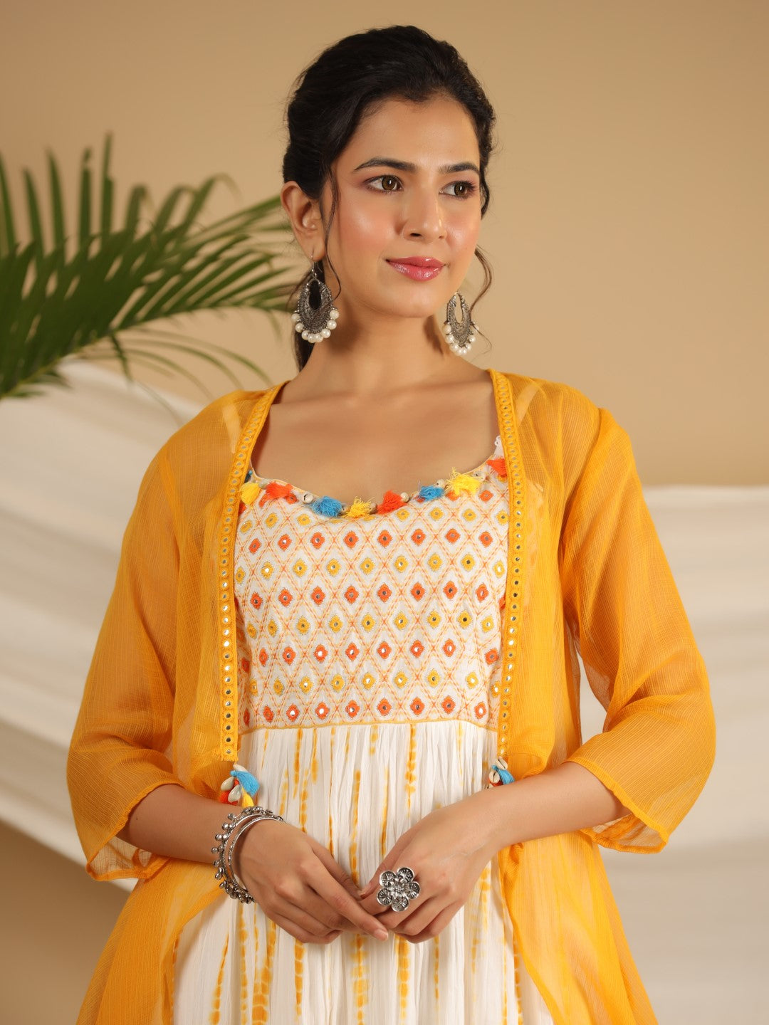 Juniper Mustard Tie-Dye Tiered & Layered Pure Cotton Dress With Mirror Work Embroidery - Distacart