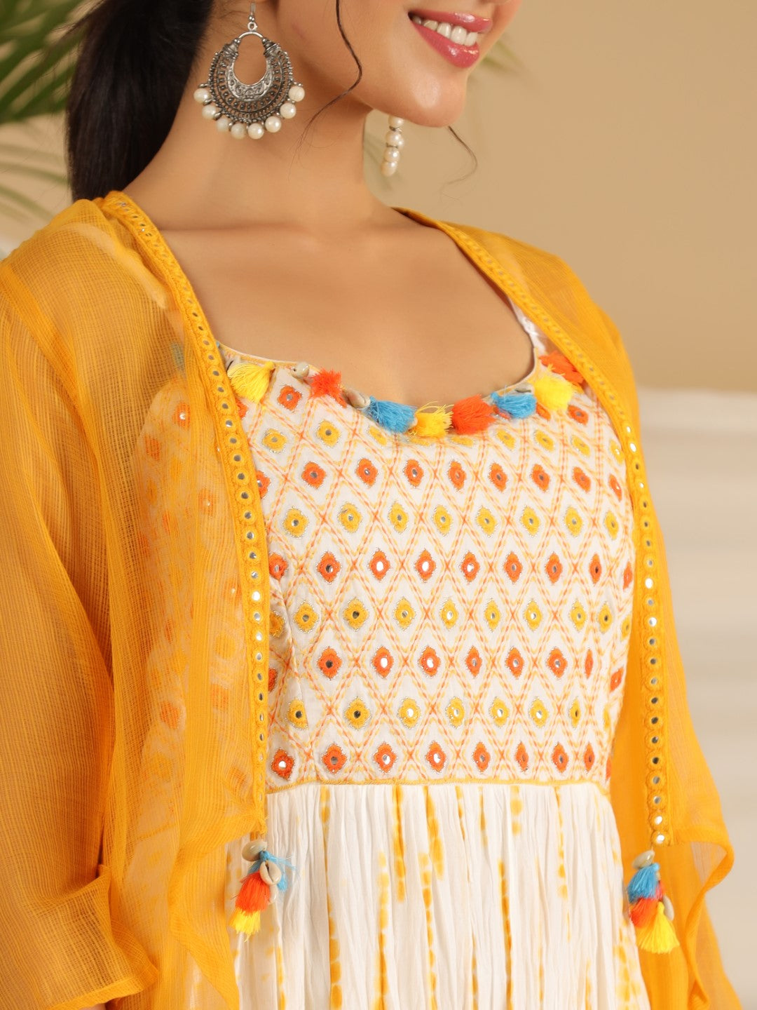 Juniper Mustard Tie-Dye Tiered & Layered Pure Cotton Dress With Mirror Work Embroidery - Distacart