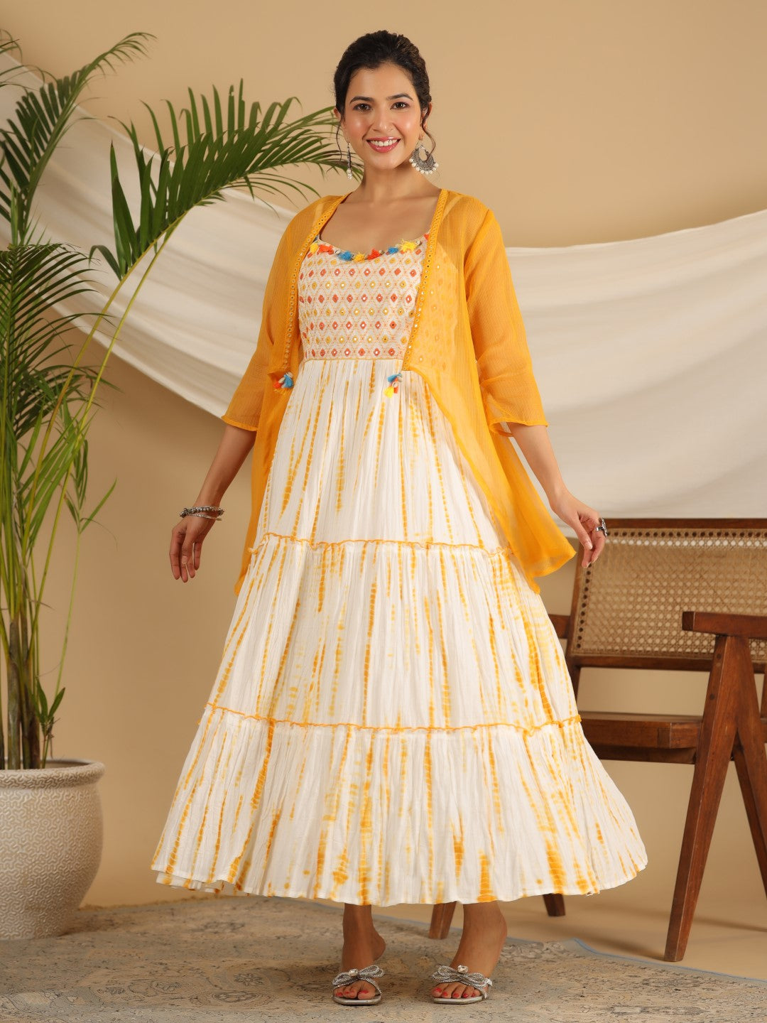 Juniper Mustard Tie-Dye Tiered & Layered Pure Cotton Dress With Mirror Work Embroidery - Distacart