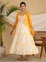 Thumbnail for Juniper Mustard Tie-Dye Tiered & Layered Pure Cotton Dress With Mirror Work Embroidery - Distacart
