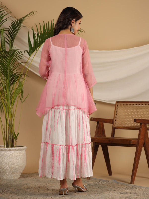 Juniper Pink Geometric Printed Pure Cotton Dress & Kota Doria Dupatta Within Mirror Work. - Distacart