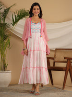 Thumbnail for Juniper Pink Geometric Printed Pure Cotton Dress & Kota Doria Dupatta Within Mirror Work. - Distacart