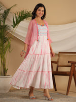Thumbnail for Juniper Pink Geometric Printed Pure Cotton Dress & Kota Doria Dupatta Within Mirror Work. - Distacart