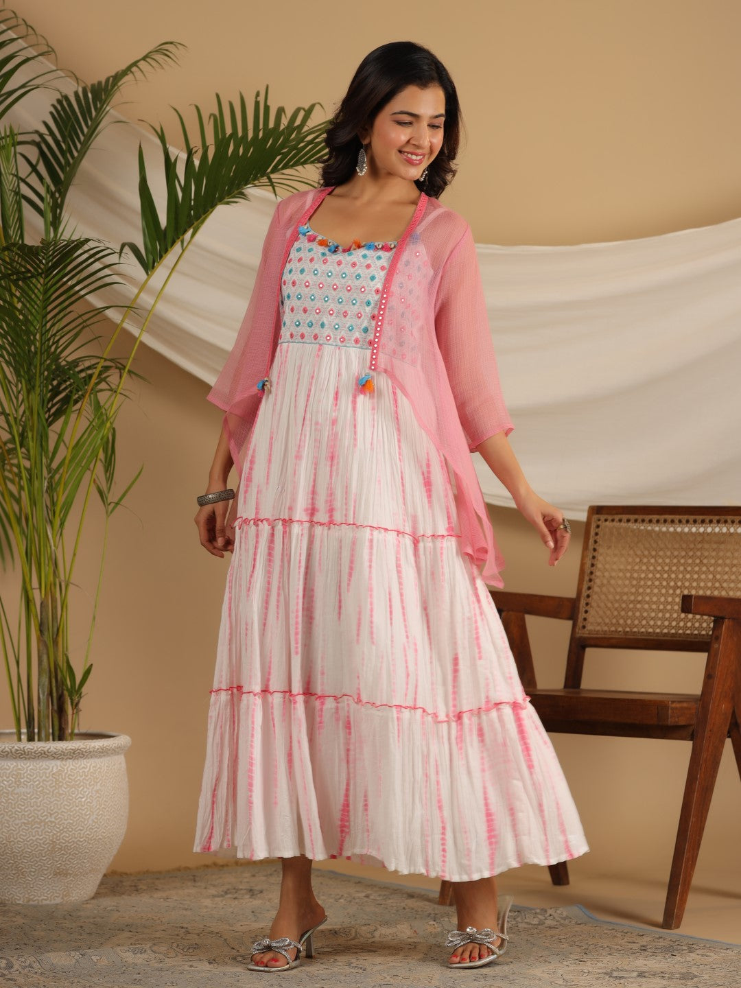 Juniper Pink Geometric Printed Pure Cotton Dress & Kota Doria Dupatta Within Mirror Work. - Distacart