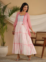Thumbnail for Juniper Pink Geometric Printed Pure Cotton Dress & Kota Doria Dupatta Within Mirror Work. - Distacart