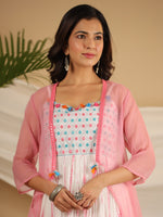 Thumbnail for Juniper Pink Geometric Printed Pure Cotton Dress & Kota Doria Dupatta Within Mirror Work. - Distacart