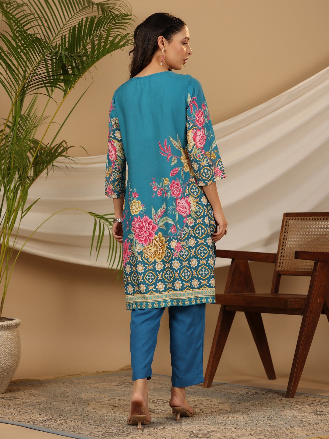 Juniper Blue Floral Printed Rayon Kurta Pants & Dupatta Set With Sequins Work - Distacart