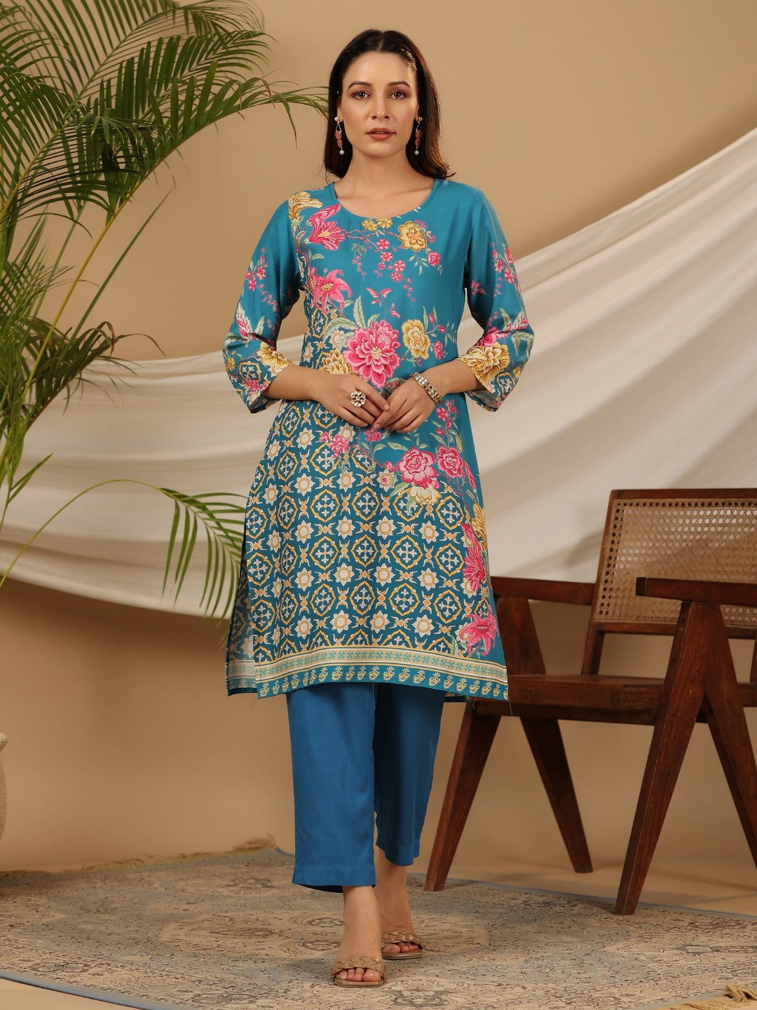 Juniper Blue Floral Printed Rayon Kurta Pants & Dupatta Set With Sequins Work - Distacart