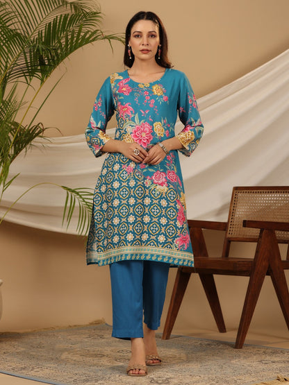Juniper Blue Floral Printed Rayon Kurta Pants & Dupatta Set With Sequins Work - Distacart