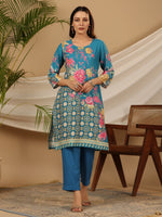 Thumbnail for Juniper Blue Floral Printed Rayon Kurta Pants & Dupatta Set With Sequins Work - Distacart
