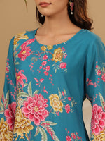 Thumbnail for Juniper Blue Floral Printed Rayon Kurta Pants & Dupatta Set With Sequins Work - Distacart