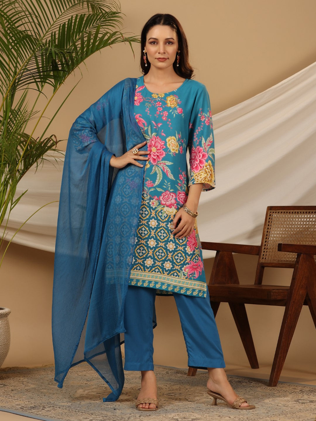 Juniper Blue Floral Printed Rayon Kurta Pants & Dupatta Set With Sequins Work - Distacart