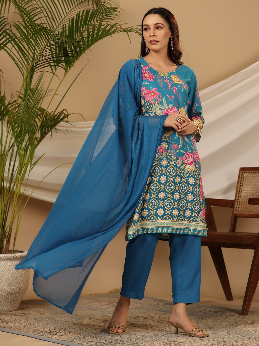 Juniper Blue Floral Printed Rayon Kurta Pants & Dupatta Set With Sequins Work - Distacart
