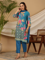 Thumbnail for Juniper Blue Floral Printed Rayon Kurta Pants & Dupatta Set With Sequins Work - Distacart