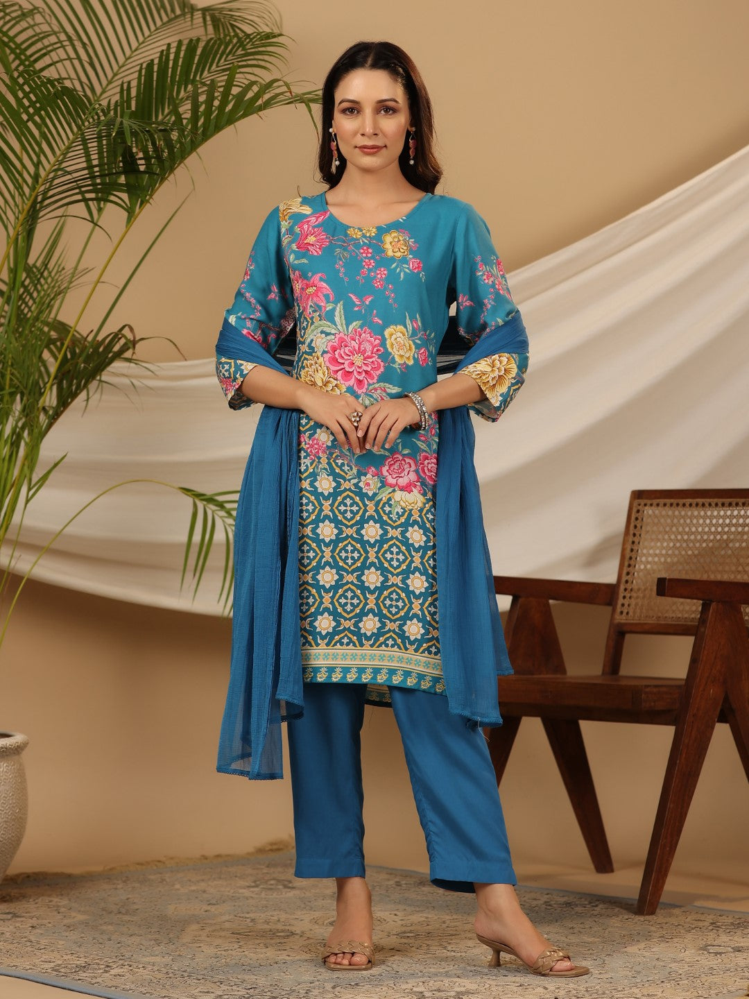 Juniper Blue Floral Printed Rayon Kurta Pants & Dupatta Set With Sequins Work - Distacart