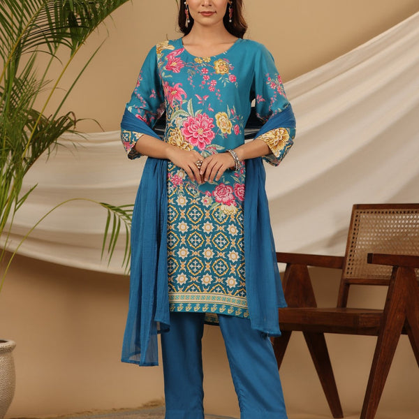 Juniper Blue Floral Printed Rayon Kurta Pants & Dupatta Set With Sequins Work - Distacart
