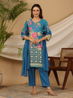 Thumbnail for Juniper Blue Floral Printed Rayon Kurta Pants & Dupatta Set With Sequins Work - Distacart