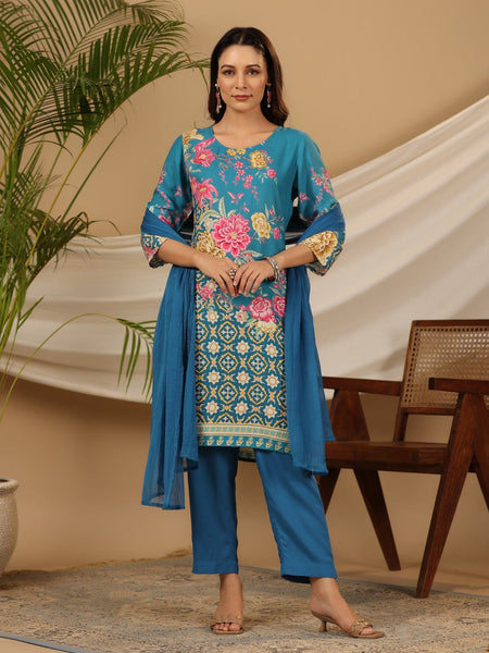 Juniper Blue Floral Printed Rayon Kurta Pants & Dupatta Set With Sequins Work - Distacart
