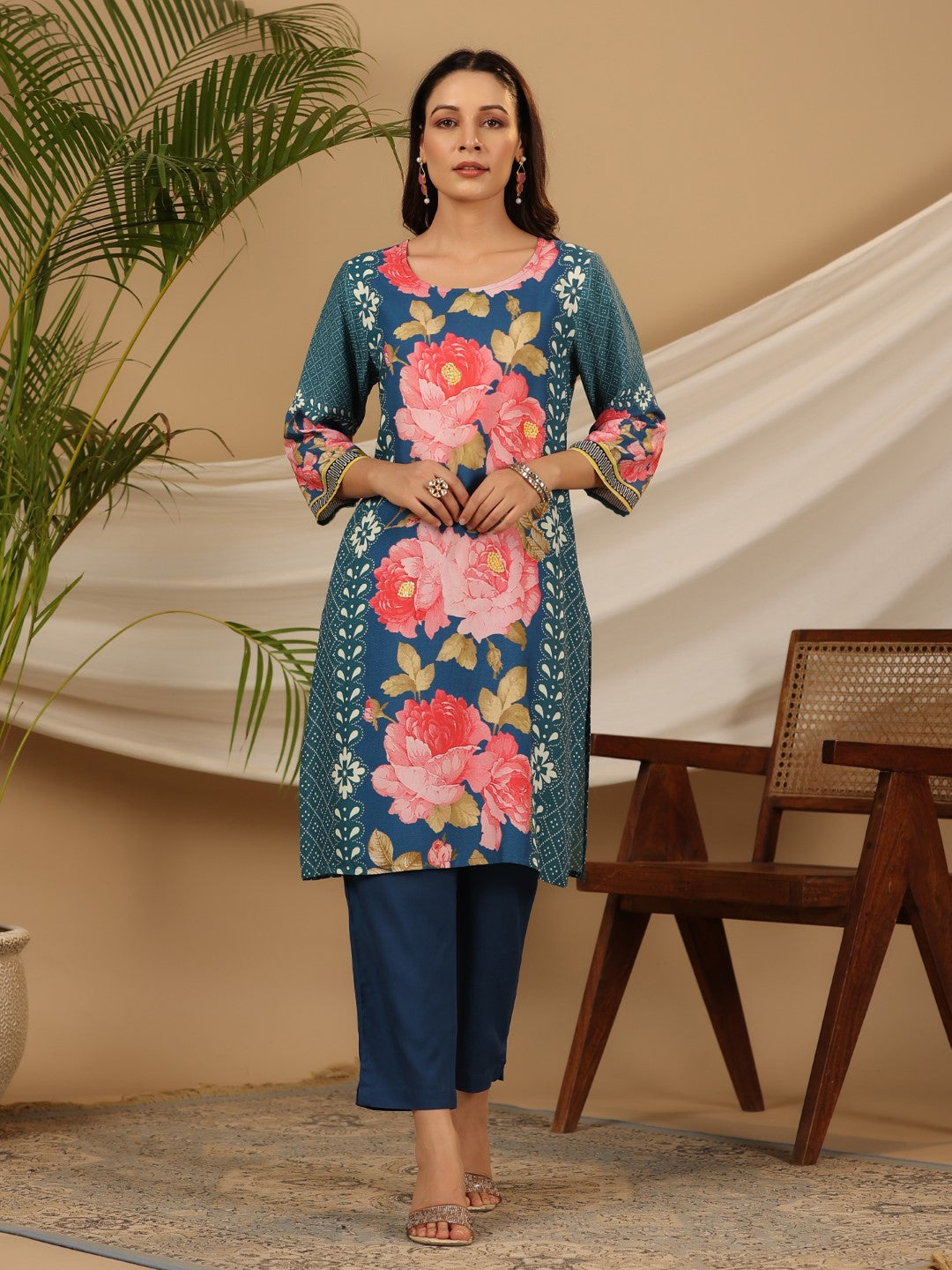 Juniper Blue Floral Printed Rayon Kurta Pants & Dupatta Set With Sequins Work - Distacart