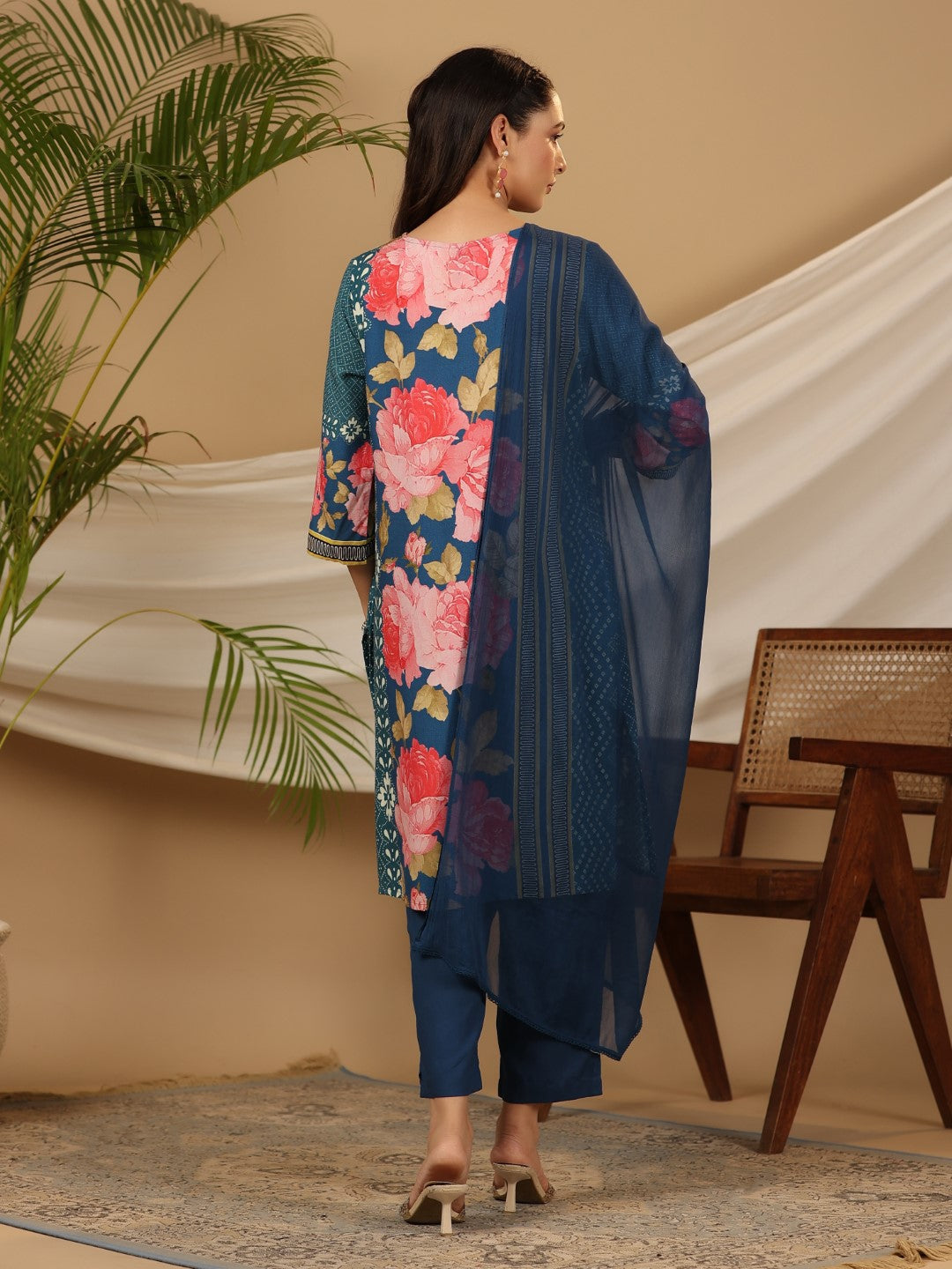 Juniper Blue Floral Printed Rayon Kurta Pants & Dupatta Set With Sequins Work - Distacart