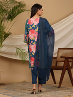 Thumbnail for Juniper Blue Floral Printed Rayon Kurta Pants & Dupatta Set With Sequins Work - Distacart