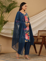 Thumbnail for Juniper Blue Floral Printed Rayon Kurta Pants & Dupatta Set With Sequins Work - Distacart