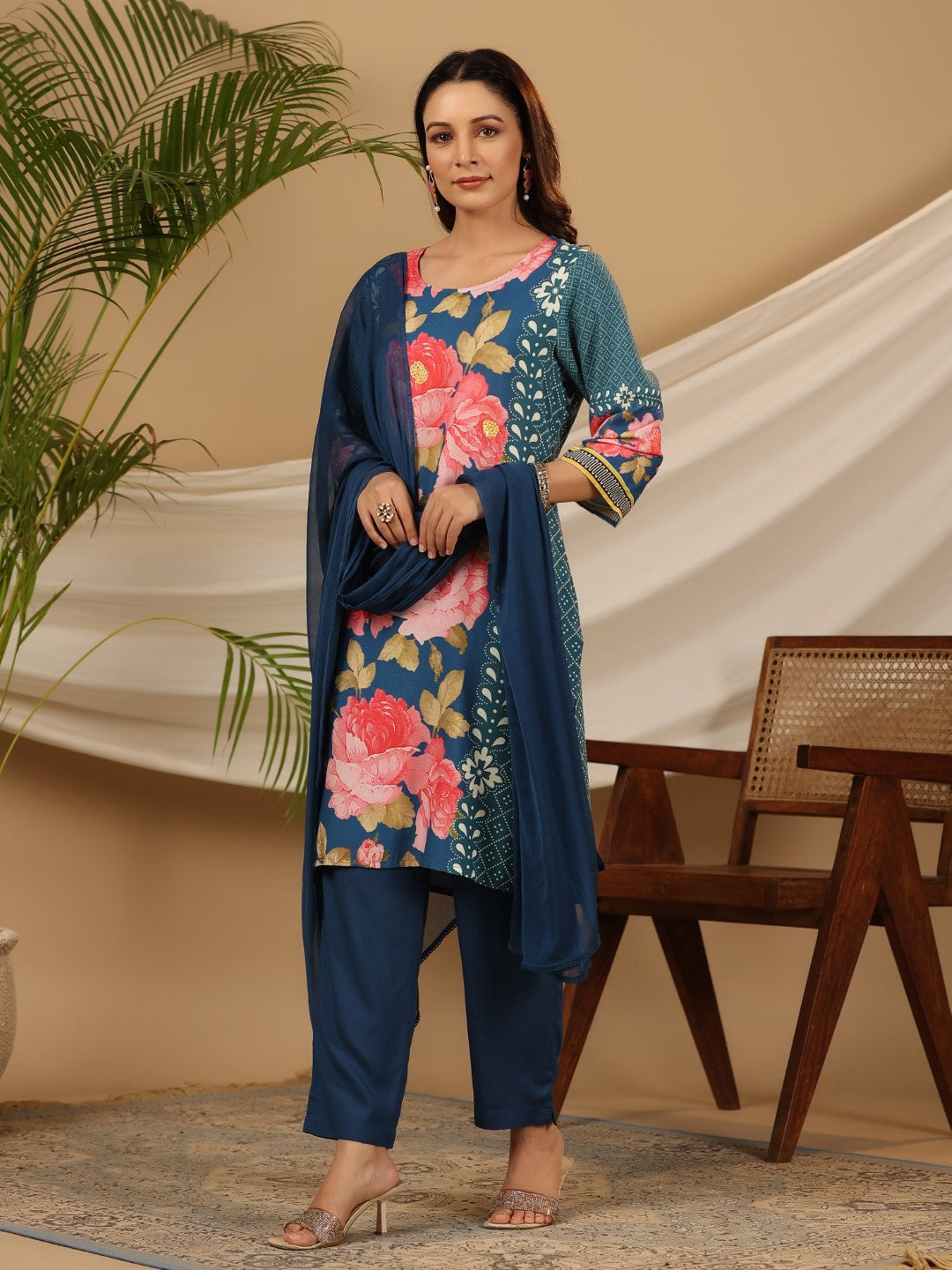 Juniper Blue Floral Printed Rayon Kurta Pants & Dupatta Set With Sequins Work - Distacart