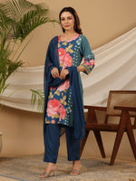 Thumbnail for Juniper Blue Floral Printed Rayon Kurta Pants & Dupatta Set With Sequins Work - Distacart