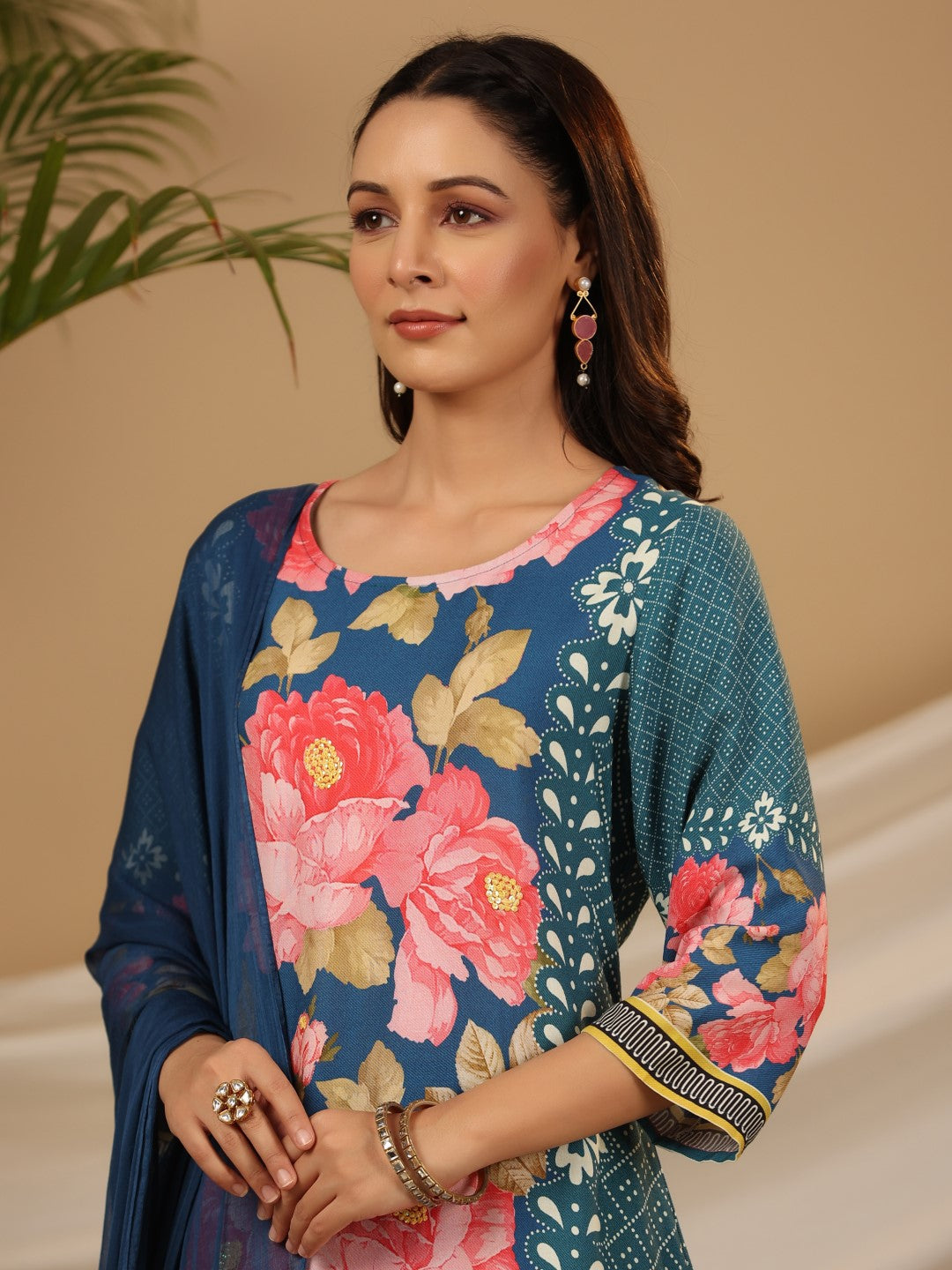 Juniper Blue Floral Printed Rayon Kurta Pants & Dupatta Set With Sequins Work - Distacart